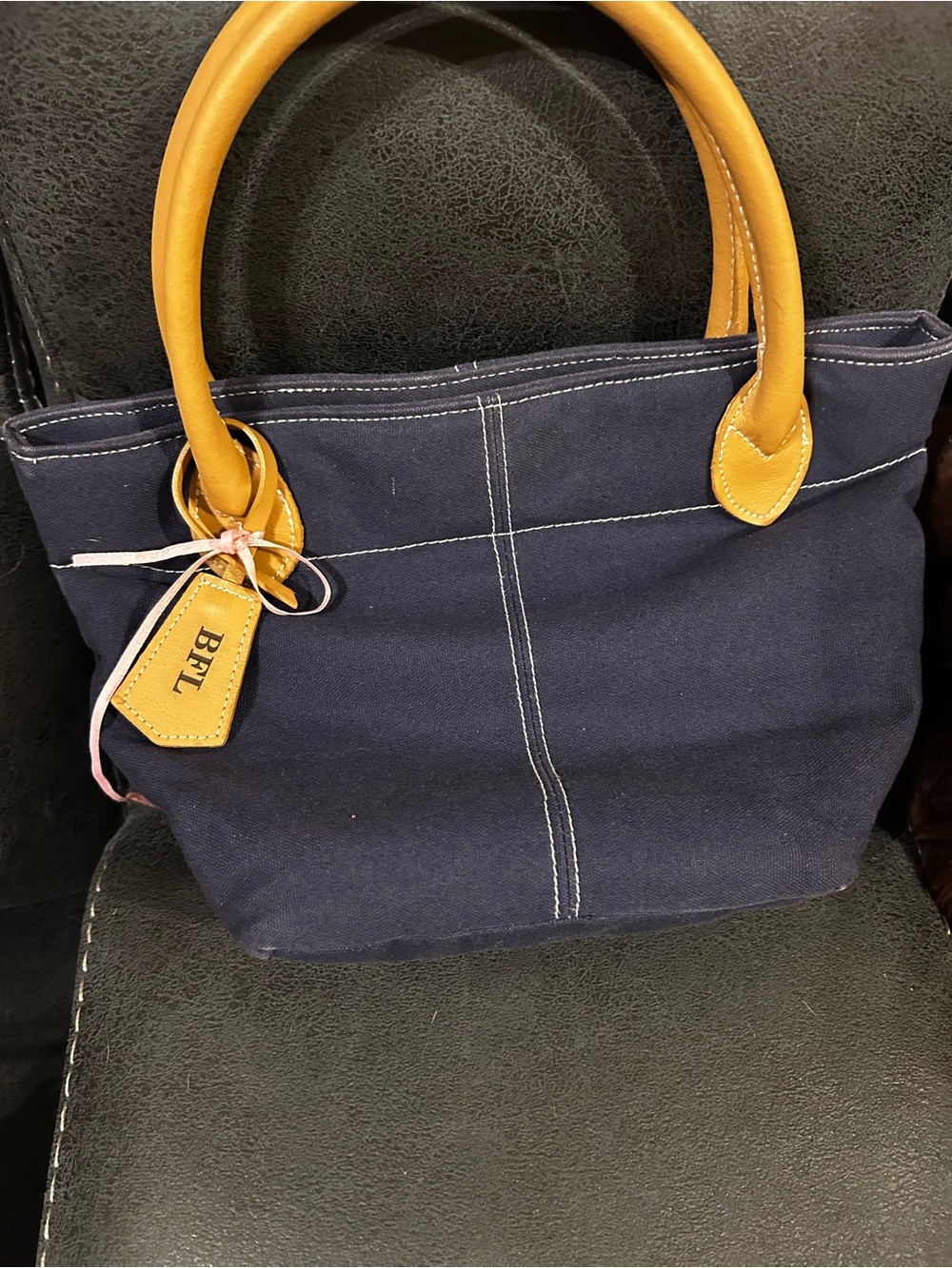 lillian Vernon Navy Canvas  Small Tote with Tan Leather Handles